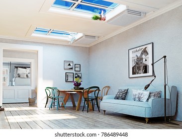 Strange, Upside Down Room Interior. 3D Illustration Creative Concept Idea