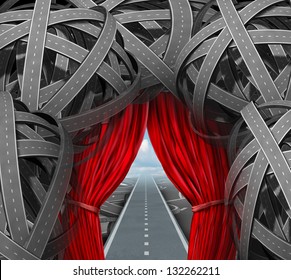 Strategic Opportunity Cutting Through The Confusion With Clear Strategy And Solutions For Business Leadership With A Straight Success Path[ With Open Red Curtains Through Tangled Roads And Highways.