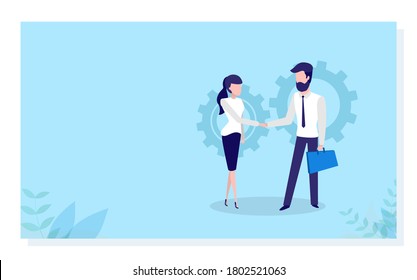 Strategic partnership raster, man and woman handshake of people. Person agreeing on contract, businessman and businesswoman on conference. Website or webpage template, landing page flat style