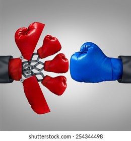 Strategy Advantage And Business Competitiveness Concept As A Red Boxing Glove Opening Up To A Secret Weapon To Reveal Multiple Team Members To Compete With Another Rival.