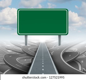 Strategy blank sign as a clear plan and solutions for business leadership with a straight path to success choosing the right strategic road with green highway signage with copy space.