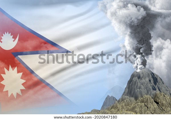 ネパールの国旗の背景に白い煙を持つ日時の成層圏噴火 噴火や火山地震のコンセプト3dイラスト のイラスト素材