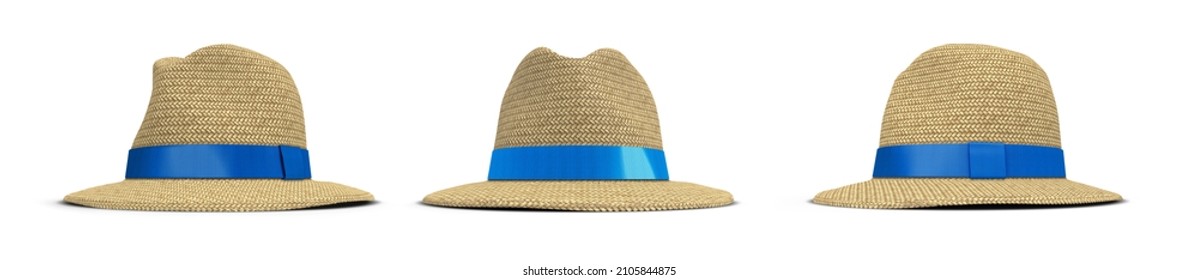 Straw Hat With Blue Fabric Ribbon 3D Rendering