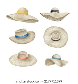 Straw Sun Hat Watercolor Hand Drawn Illustration. Headwear Clipart Elements Set Isolated On White Background. Beach Fashion.