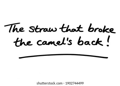 The straw that broke the camels back! handwritten on a white background.