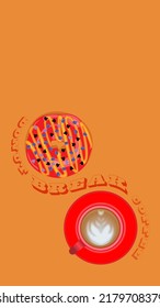 Strawberries Donut Choccolate Chips And Red Hot Coffee Cup In Orange Background