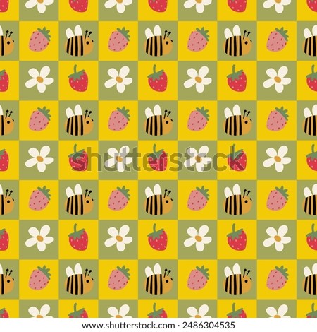 Strawberries and honey bees seamless pattern. Childish print design with happy funny honey bees. Strawberry, flowers and bee background. Perfect for textile, wrapping, wallpaper, packaging, stationary