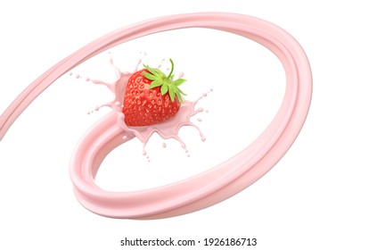 Strawberries in milk splash, 3d illustration.