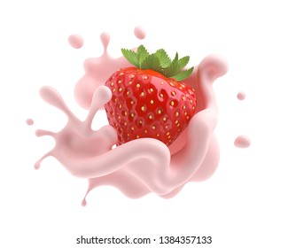 Strawberry Falling Into Pink Milk Or Yogurt Splash, 3d Illustration.