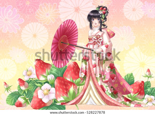 Illustration De Stock De Fraise Kimono Fille Japon Dessin