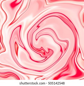 Strawberry Milk Candy Swirl Abstract Background. Pink Berry And White Milk Liquid Mix. Red And White Marble Or Suminagashi Texture. Strawberry Yogurt Or Strawberry Cream Flow Card Or Banner Template