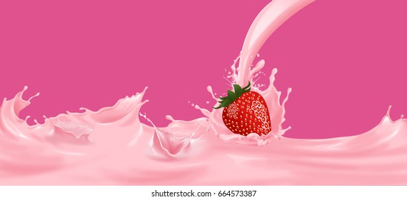 Strawberry milk pink splash On a pink background.
