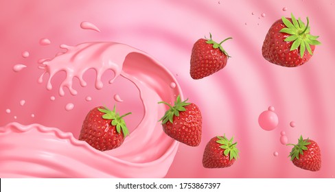 Strawberry Milk Splash background, 3d rendering.