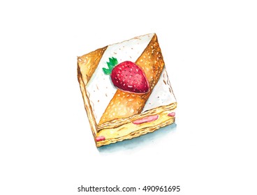 Strawberry  Mille Feuille, Watercolor