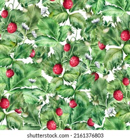 Strawberry Pattern In Watercolor. Hand-drawn Watercolor Illustration. Fresh Red Berries. Green Leaves. For Wallpaper, Fabrics, Scrap Paper, Packaging