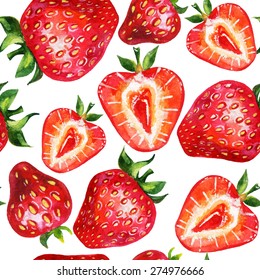Strawberry seamless pattern. Hand drawn illustration of berries  on white background