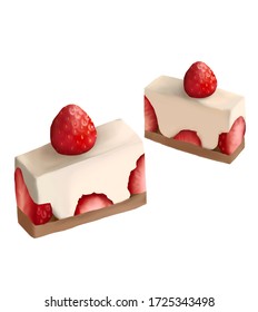 Strawberry Shortcake Cheesecake On White Background, Pieces Of Cake, Digital Art