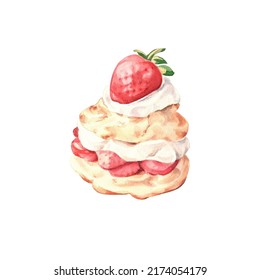 Strawberry Shortcake With Cream On White Background. Watercolor. Delicious Food Illustration.