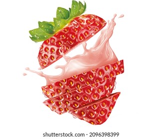 strawberry slices with milk juice concept isolated on white background juice advertising yogurt milk shake