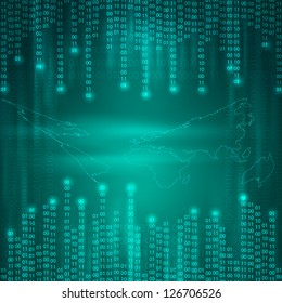 Stream of binary code to world map. Raster version of the loaded vector.