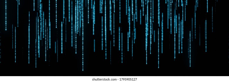 Stream of binary matrix code numbers on the screen panorama 3d rendering