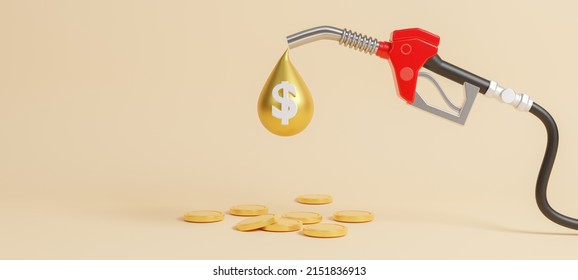 Stream of gold coins pours from the fuel handle pump nozzle with hose, huge filling gun with pouring fuel and falling golden coins, oil price rising concept, concept saving, 3d Rendering illustration