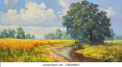 A Stream And A Group Of Trees Near A Wheat Field,fain Art, Handmade Painting, Oil Painting, Water, Landscape, Nature, Sky, Trees