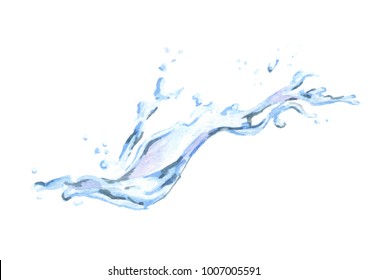 Stream And Splash Of Water Isolated On White Background. Watercolor Hand Drawn Illustration