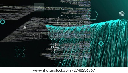 Streaming cyan cascade in cyber void, showing glitch bands, geometric icons, copy space. Stream, turquoise, abstract, fiber, digital, futuristic, neon