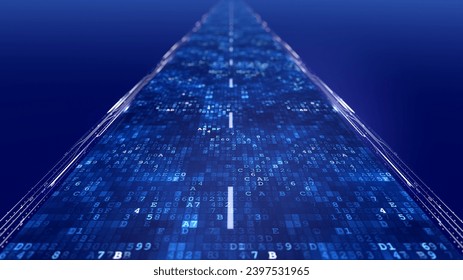 Streaming data, binary data moving on a digital road - Digital Code road concept - 3d illustration
