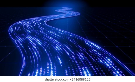 Streaming data, binary data moving on a digital road - Digital Code road concept. 3d illustration