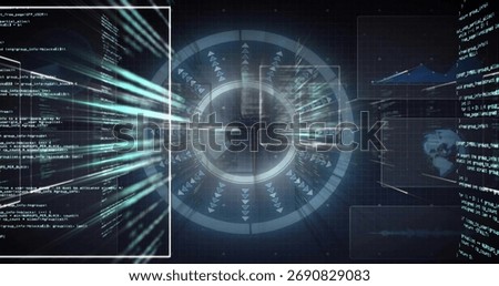 Streaming data hub handling teal streams in dark grid backdrop, with code, chart and globe panels. Technology, data visualization, digital interface, cyber security, futuristic, network, analytics