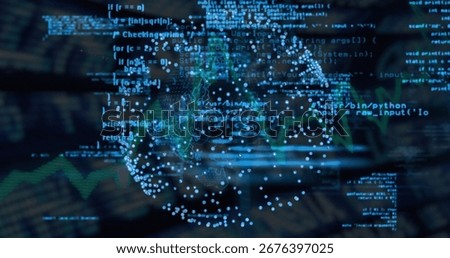 Streaming holographic globe and code fragments in dashboard, showing data clusters and green graph. Futuristic, technology, visualization, data, network, digital, abstract