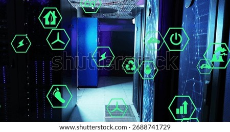 Streaming server racks emitting blue LEDs under cable trays in cooled data center, with green icons. Technology, sustainability, green energy, data infrastructure, eco-friendly, network, innovation