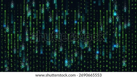 Streaming vertical binary digits cascading in code matrix, with glowing green and blue blocks. Cyber, futuristic, abstract, technology, digital, blockchain, network