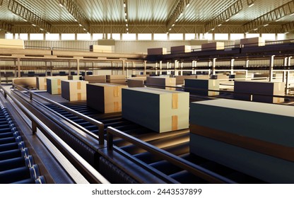 Streamlined Package Sorting on Conveyors in a Sunlit Distribution Warehouse with High Ceilings and Robust Infrastructure 3d image