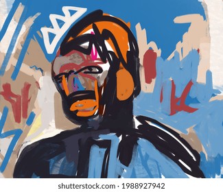 Street art and graffiti painting on mural, digital art. Post modern portrait of person with graffiti crown a la Basquiat. Illustration for print, poster, banner and art product.