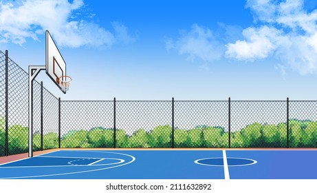 The street basketball court at the day time under the light sky with cloud, free hand-drawn, illustration for a game, manga cartoon or comic background, Sport arena, No people