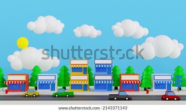 Street\
buildings small urban shop front store with blank store signage in\
small city with car on the road, 3D\
rendering.