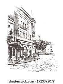 Street Cafe In Paris Sketch Graphic, Architecture Sketch Draw Graphic Illustration Black And White, Europe Travel Cafe Art Tourism. Cafe Print Graphic Painting Illustration, Art Print Cafe Paris.