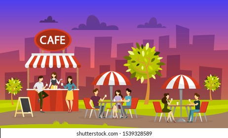 Street Cafe. People Sit At The Table And Drink Coffee. Outdoor Cafeteria. Night City Landscape On Background. Cafe In The Park.  Illustration In Cartoon Style