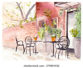 Street Cafe. Retro Design. Watercolor