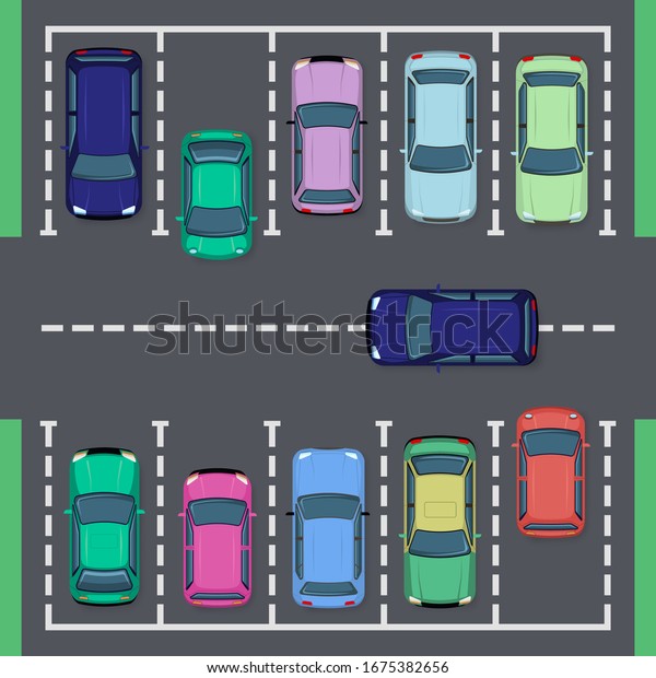 Street car parking. Top view street\
vehicle, public parking zone views and auto transport parking area,\
city auto park  illustration set. garage from\
above
