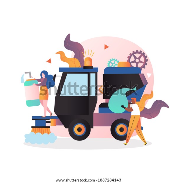 Street cleaning car or street sweeper and male and\
female characters workers with garbage bag and cleanser,\
illustration. Cleaning street services concept for web banner,\
website page etc.