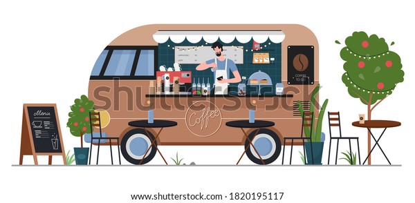 Street coffee food truck shop illustration. Cartoon\
flat fastfood cafe delivery car van machine with man hipster seller\
character, coffee service in summer city street market isolated on\
white