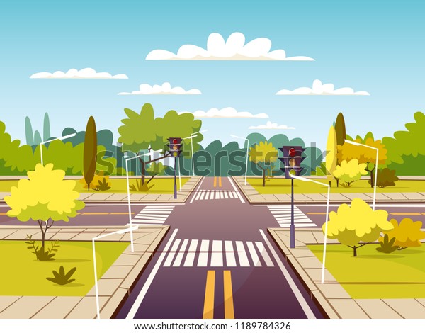 Street crossroad illustration of traffic lane\
and pedestrian crossing or crosswalk with marking. Cartoon flat\
design of urban road with traffic light for carsharing or car\
navigation\
technology