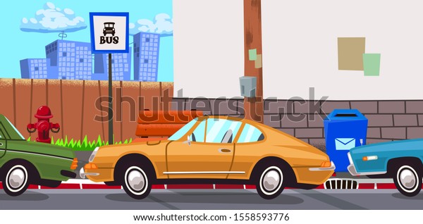 Street\
crowded with cars. Cars are standing on the side of the road.\
Cartoon background. Can be used in\
animations.