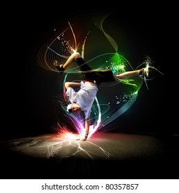 Street Dancer In A White Shirt On An Abstract Background. Collage