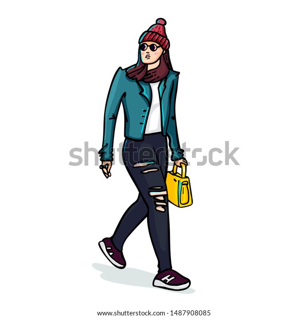 Street fashion. Stylish young\
woman. Sketch style illustration on white background.\
illustration