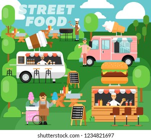 Street fast food festival poster. Culinary city event template for outdoor cafe service, takeaway food concept. Restaurant menu flyer, urban food fest announcement illustration in flat style. - Powered by Shutterstock